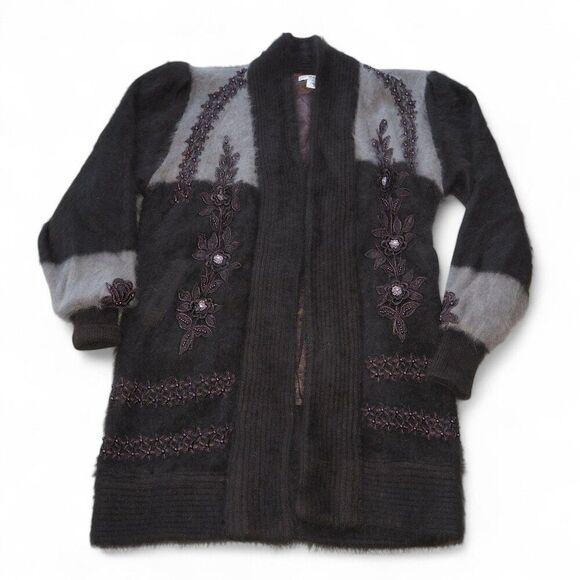 Naomi Korea Vintage Angora Lux Beaded Cardigan Sweater Brown / Grey Women's SS - Picture 1 of 8